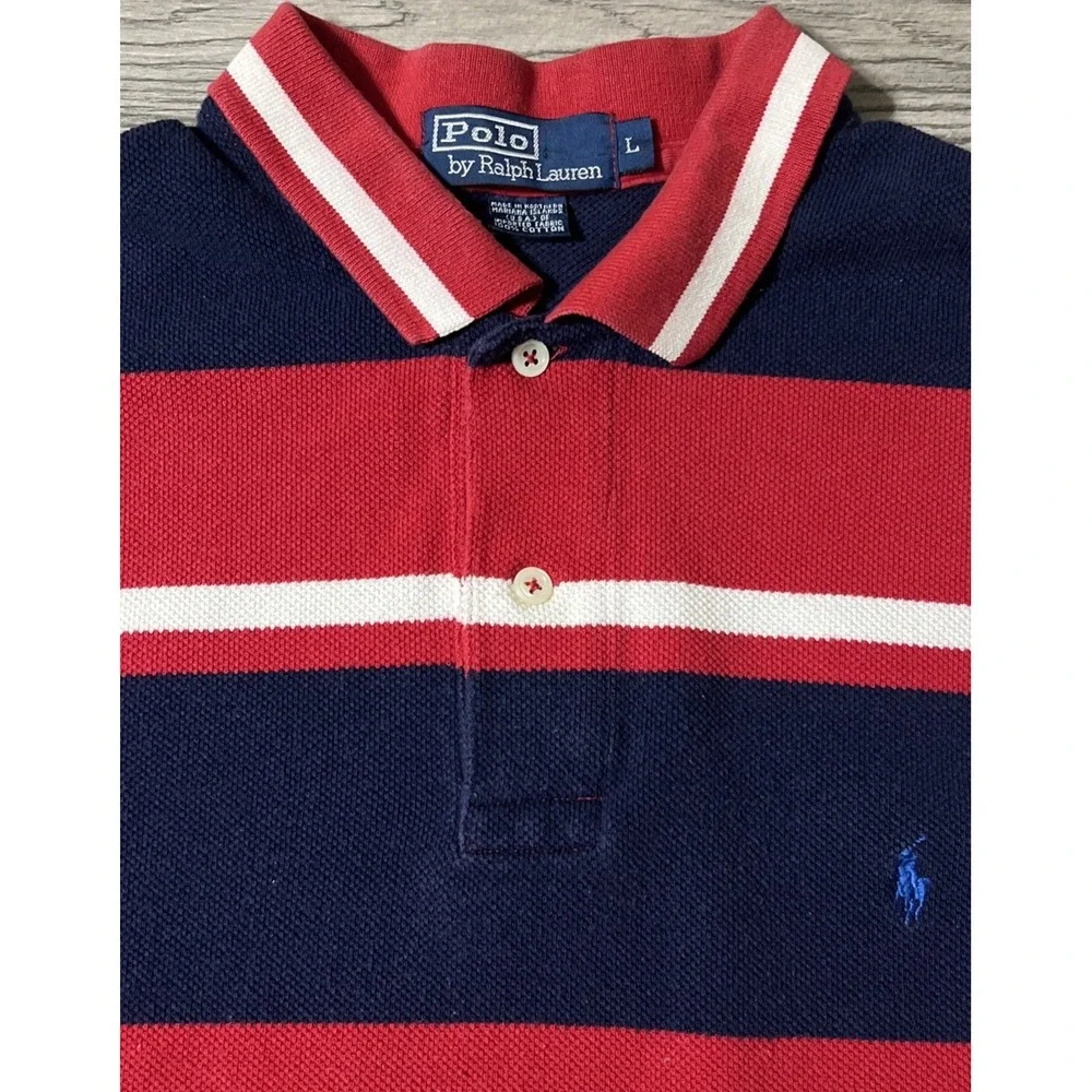 Vintage Ralph Lauren Striped‎ Red/White/Blue Short Sleeve Rugby Polo Size Large